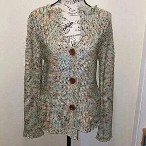 BCBGMaxazria women's Marled Knit cardigan sweater ruffle trim multi V Neck Large